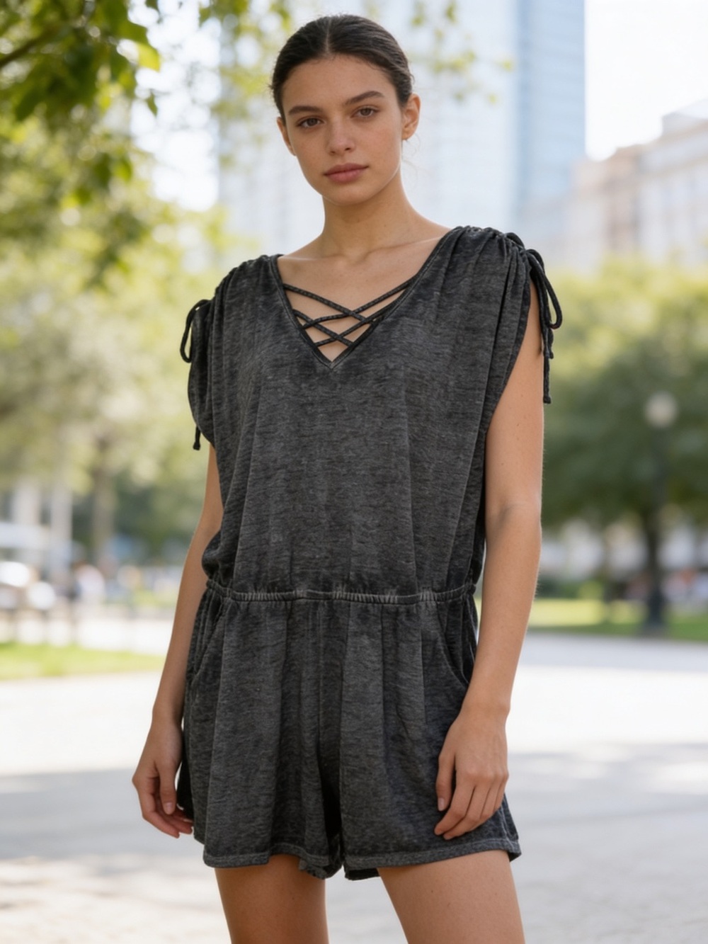 Planet Gold Plus Black Criss Cross Neck Romper 1X Soft Casual Lounge